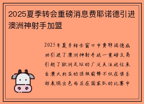 2025夏季转会重磅消息费耶诺德引进澳洲神射手加盟 2025夏季转会重磅消息费耶诺德引进澳洲神射手加盟